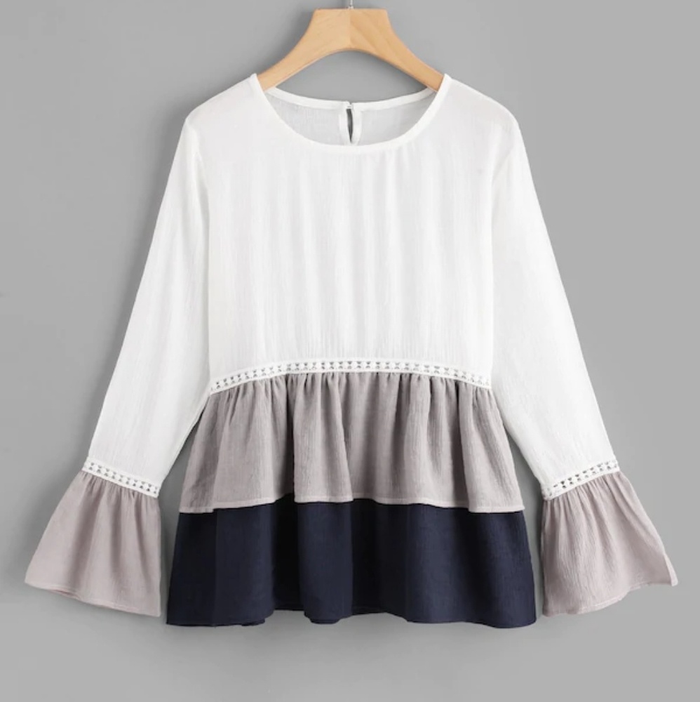 Flounce sleeve colorblock smock top